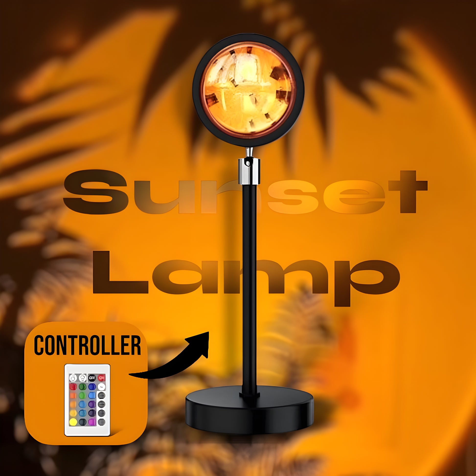 Sunset lamp with a controller that can change to so many colors,Sunset Light, Best Sunset Lamp Sunset lamp front, Sunset lamp back, next to Sunset lamp, color orange 